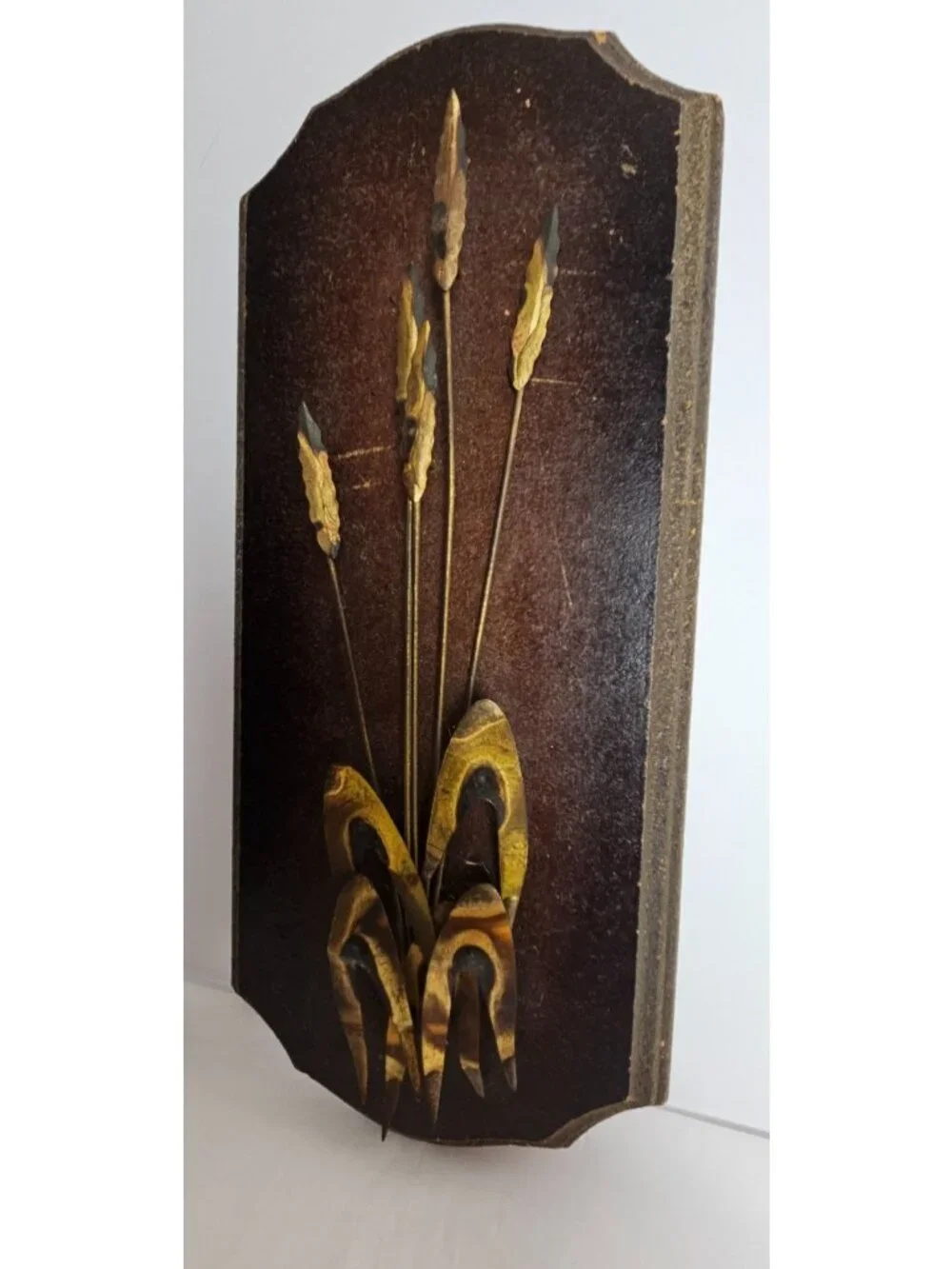 Vintage MCM Wall Plaque Brutalist Brass Sea Oats Botanical Metal Art 17.75
